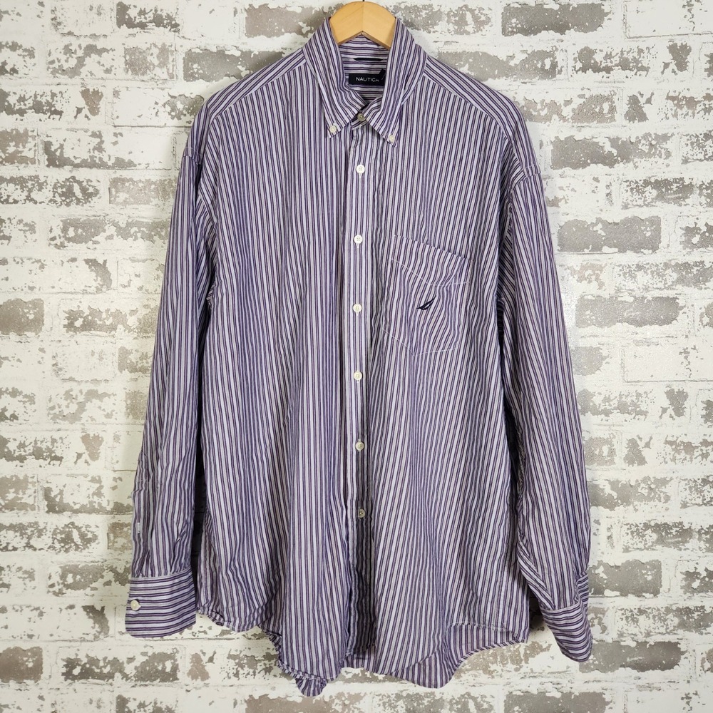 Nautica Shirt Mens XL Purple Striped Casual Button Down Long Sleeve Business